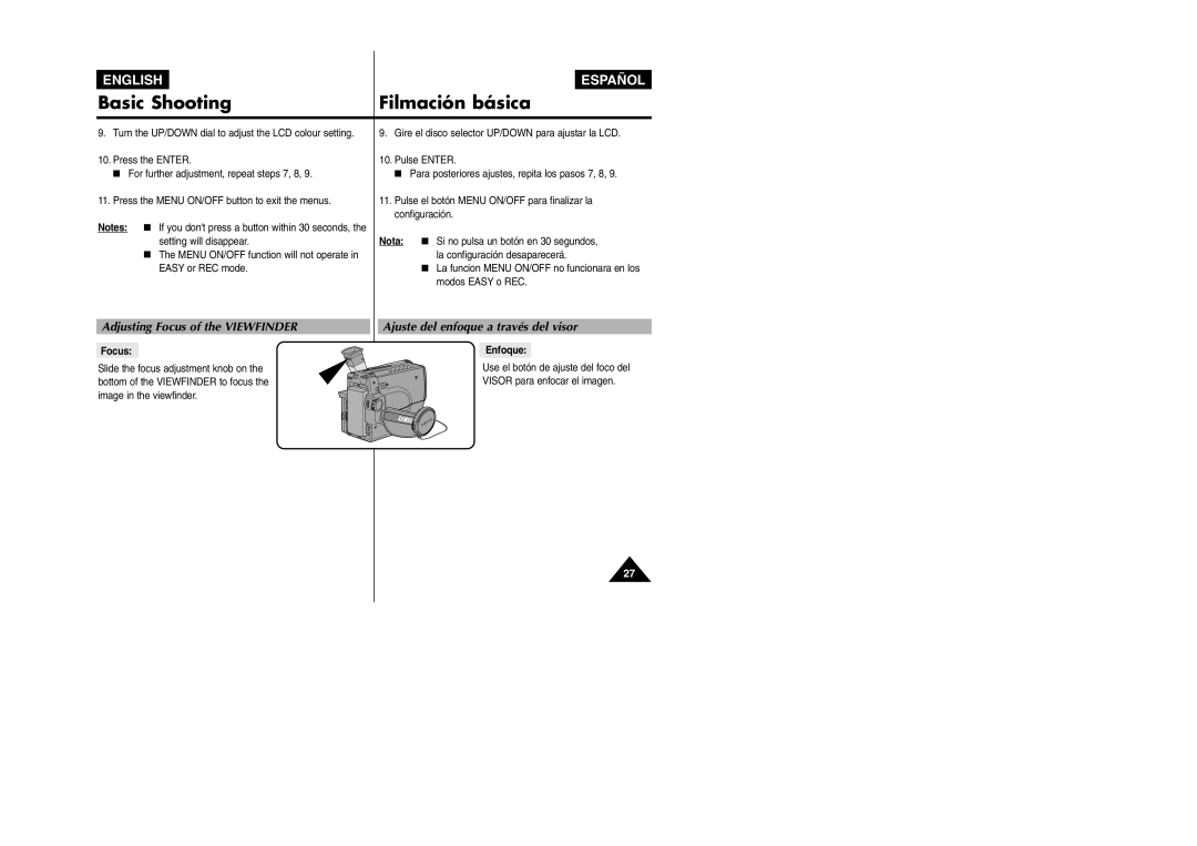 Samsung VP L 900 manual Adjusting Focus of the Viewfinder, Ajuste del enfoque a través del visor, Nota, Enfoque 