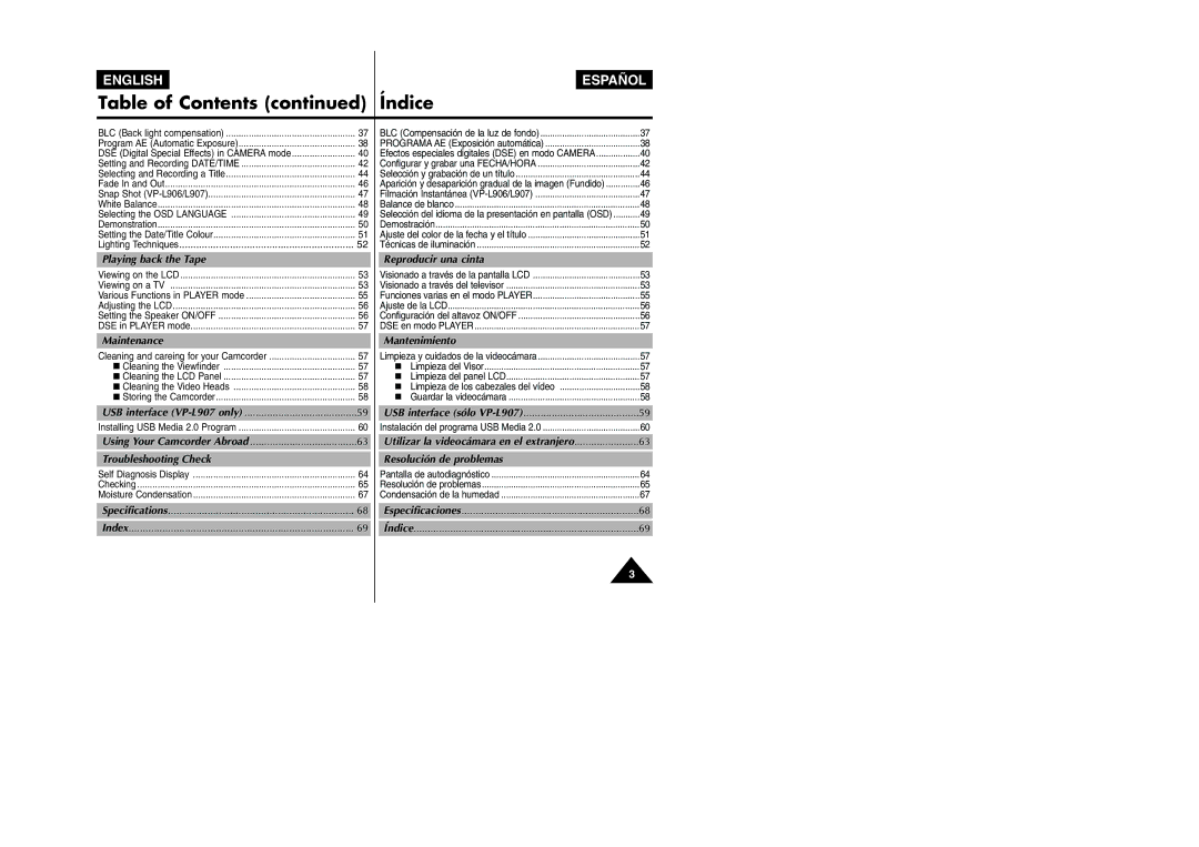 Samsung VP L 900 manual Playing back the Tape, Maintenance, Mantenimiento, Troubleshooting Check, Resolución de problemas 