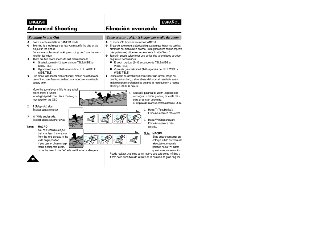 Samsung VP L 900 manual Advanced Shooting Filmación avanzada, Zooming In and Out, Nota Macro 