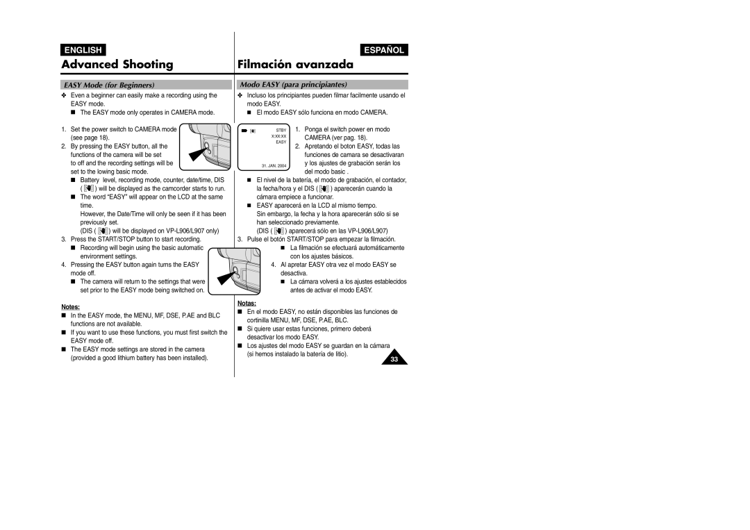 Samsung VP L 900 manual Advanced Shooting Filmación avanzada, Easy Mode for Beginners Modo Easy para principiantes 