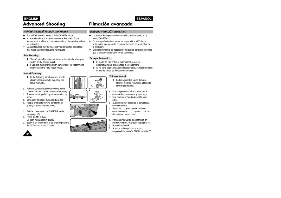 Samsung VP L 900 manual MF/AF Manual Focus/Auto Focus, Enfoque Manual/Automático, Auto Focusing 