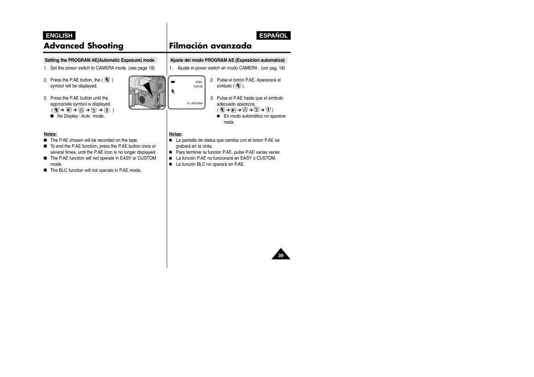 Samsung VP L 900 manual Setting the Program AEAutomatic Exposure mode, Ajuste del modo Program AE Exposicion automatica 