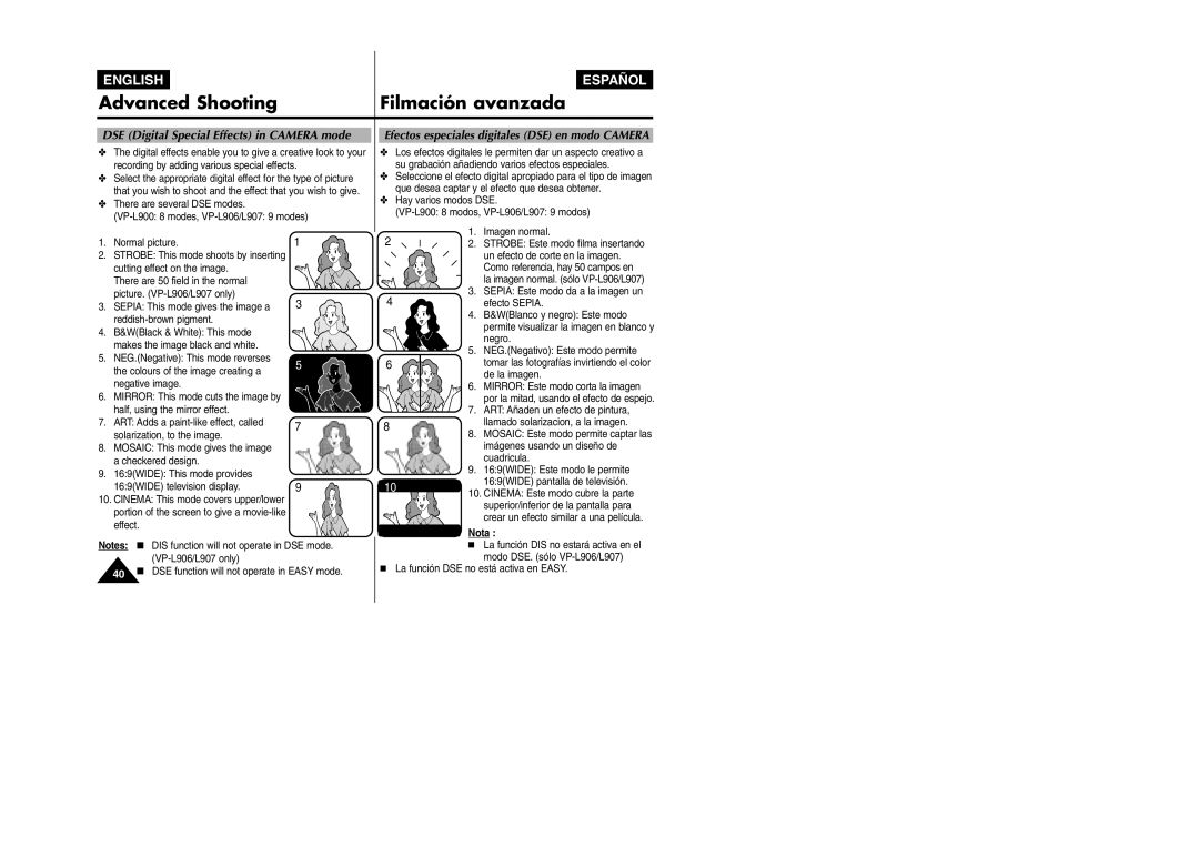 Samsung VP L 900 manual DSE Digital Special Effects in Camera mode, Efectos especiales digitales DSE en modo Camera 