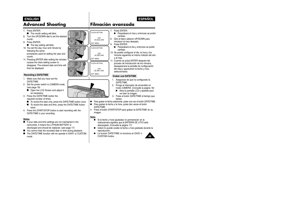 Samsung VP L 900 manual Recording a DATE/TIME, Grabar una DATE/TIME 