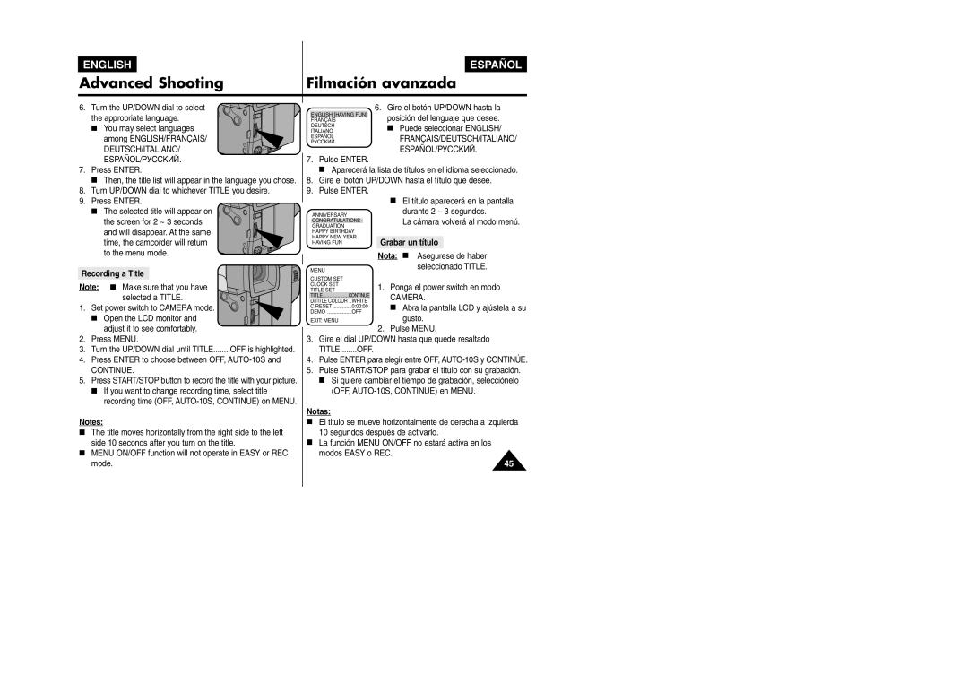 Samsung VP L 900 manual Turn the UP/DOWN dial to select the appropriate language, Recording a Title, Grabar un título 