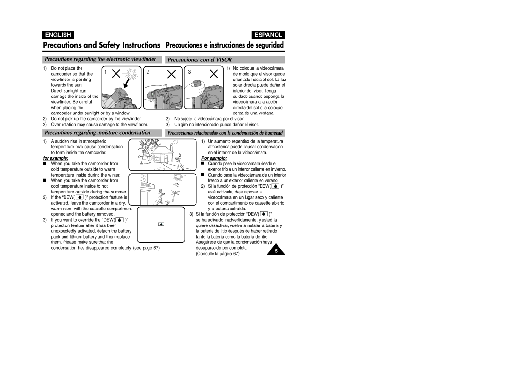 Samsung VP L 900 manual Precauciones con el Visor, Precautions regarding moisture condensation 