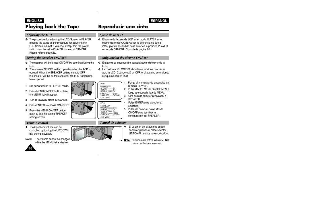 Samsung VP L 900 manual Adjusting the LCD Ajuste de la LCD, Setting the Speaker ON/OFF, Configuración del altavoz ON/OFF 