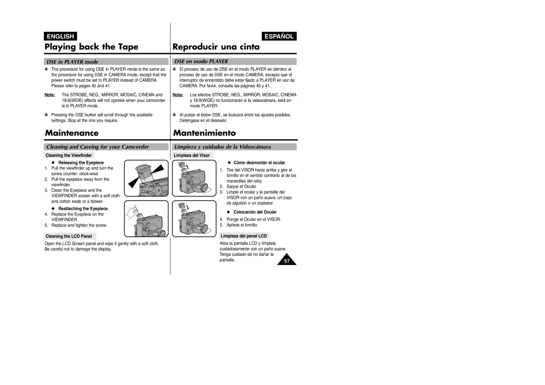 Samsung VP L 900 MaintenanceMantenimiento, DSE in Player mode DSE en modo Player, Cleaning and Careing for your Camcorder 