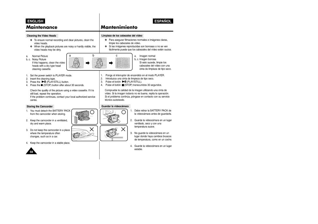 Samsung VP L 900 manual Cleaning the Video Heads, Limpieza de los cabezales del vídeo, Storing the Camcorder 