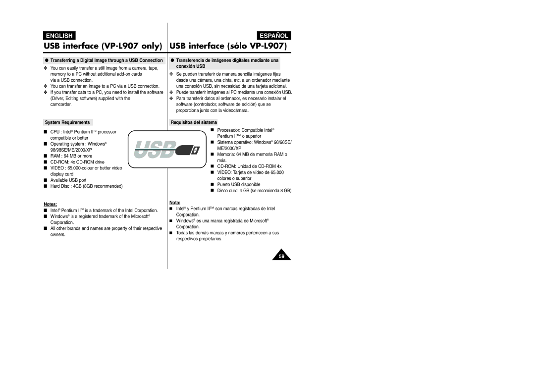 Samsung VP L 900 manual USB interface VP-L907 only USB interface sólo VP-L907, System Requirements, Requisitos del sistema 