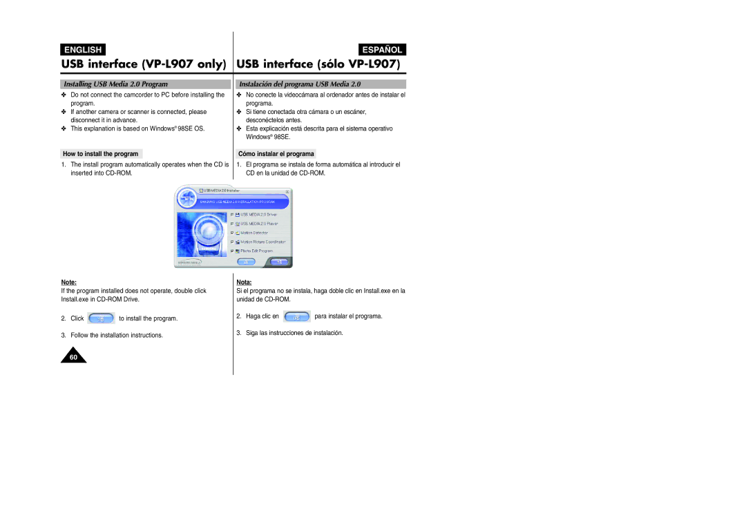 Samsung VP L 900 manual Installing USB Media 2.0 Program, How to install the program, Cómo instalar el programa 