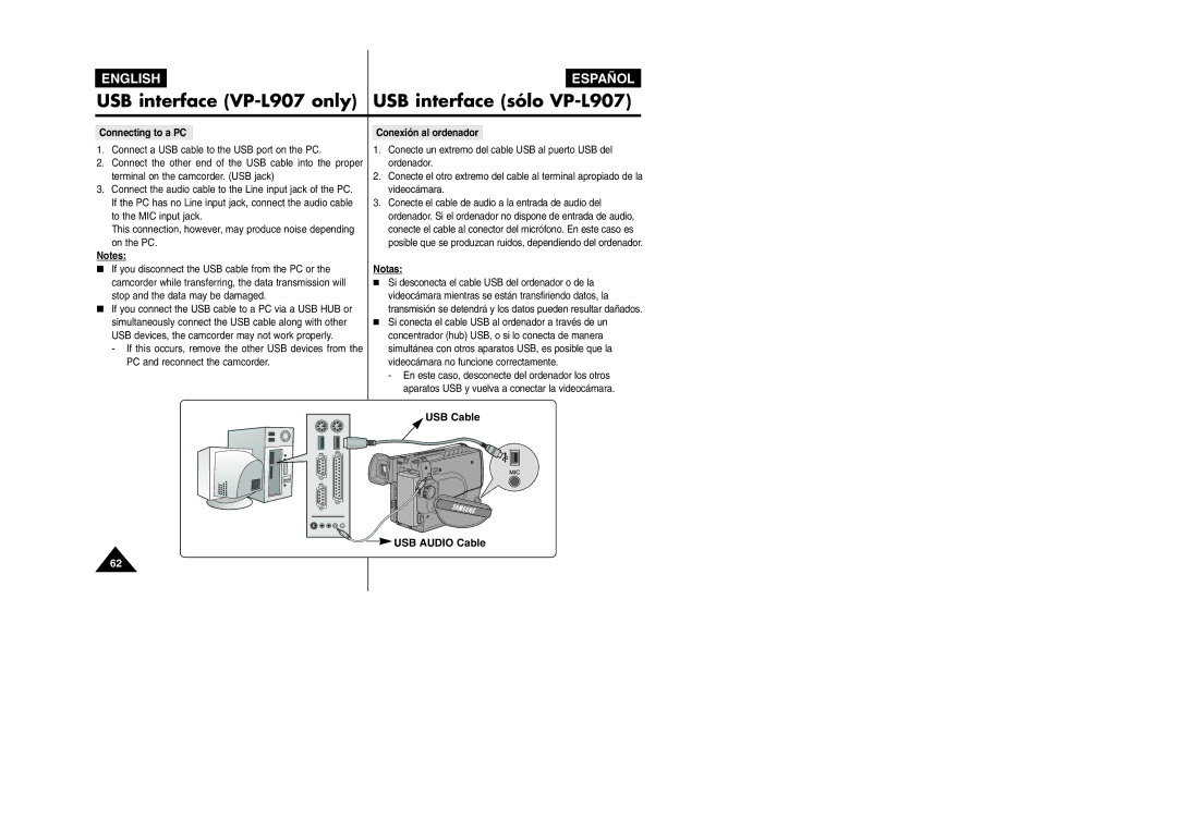 Samsung VP L 900 manual Connecting to a PC, Conexión al ordenador 