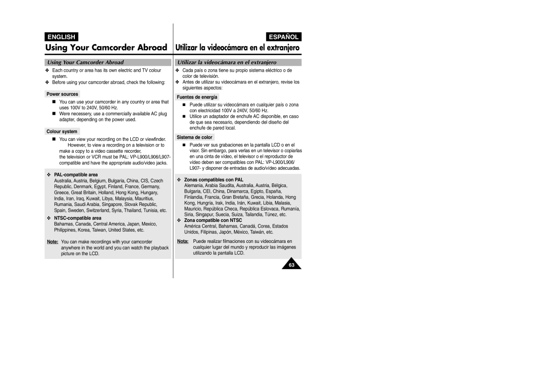 Samsung VP L 900 manual Using Your Camcorder Abroad, Utilizar la videocámara en el extranjero 