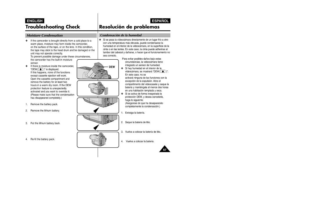 Samsung VP L 900 manual Condensación de la humedad, Sensor If there is moisture inside the camcorder, Dew 