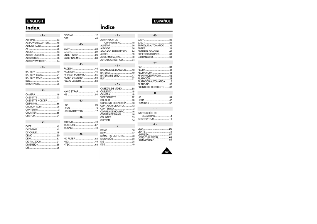 Samsung VP L 900 manual IndexÍndice 