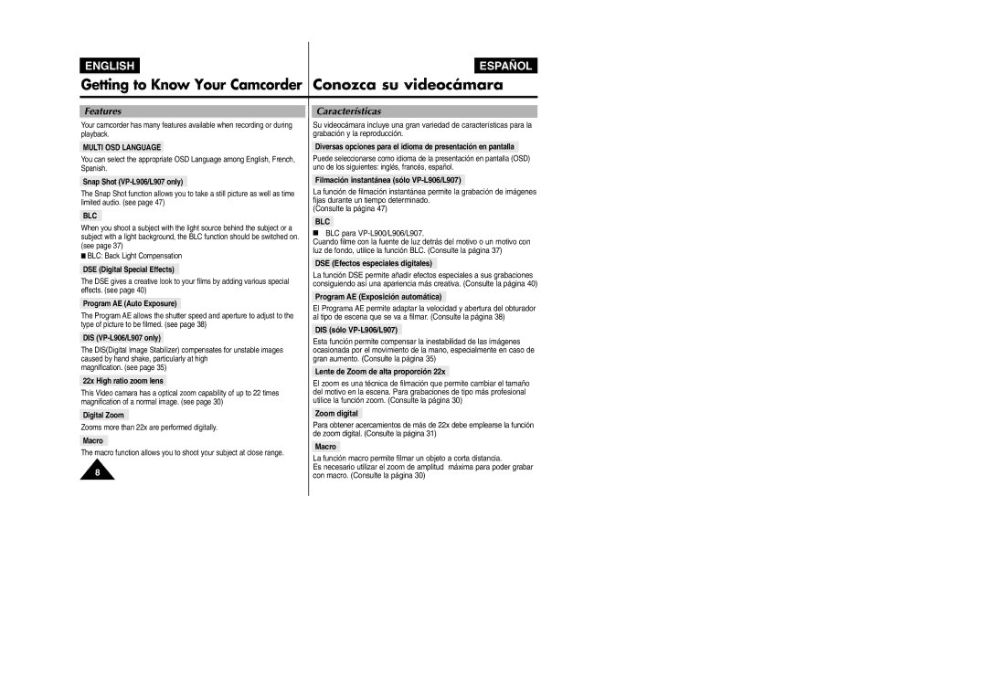 Samsung VP L 900 manual Features, Características 