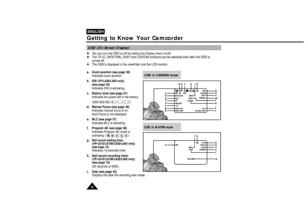 Samsung VP-L610B, VP-L600B manual OSD On Screen Display 