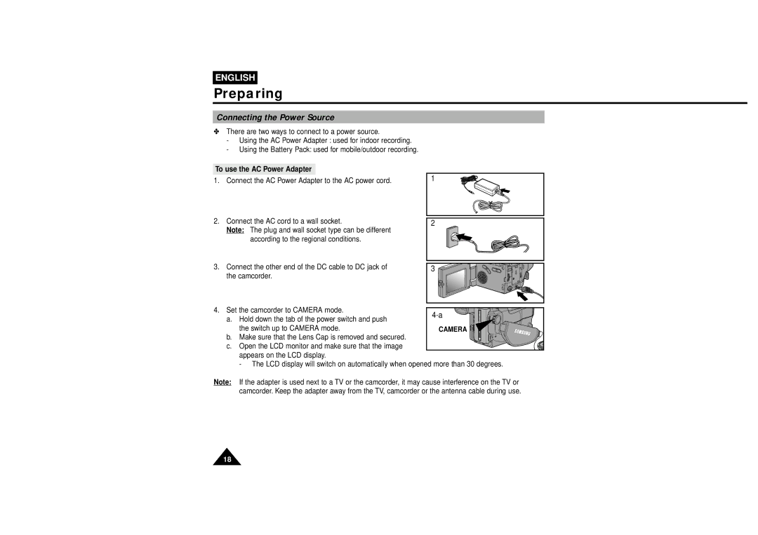 Samsung VP-L610B, VP-L600B manual Connecting the Power Source, To use the AC Power Adapter 