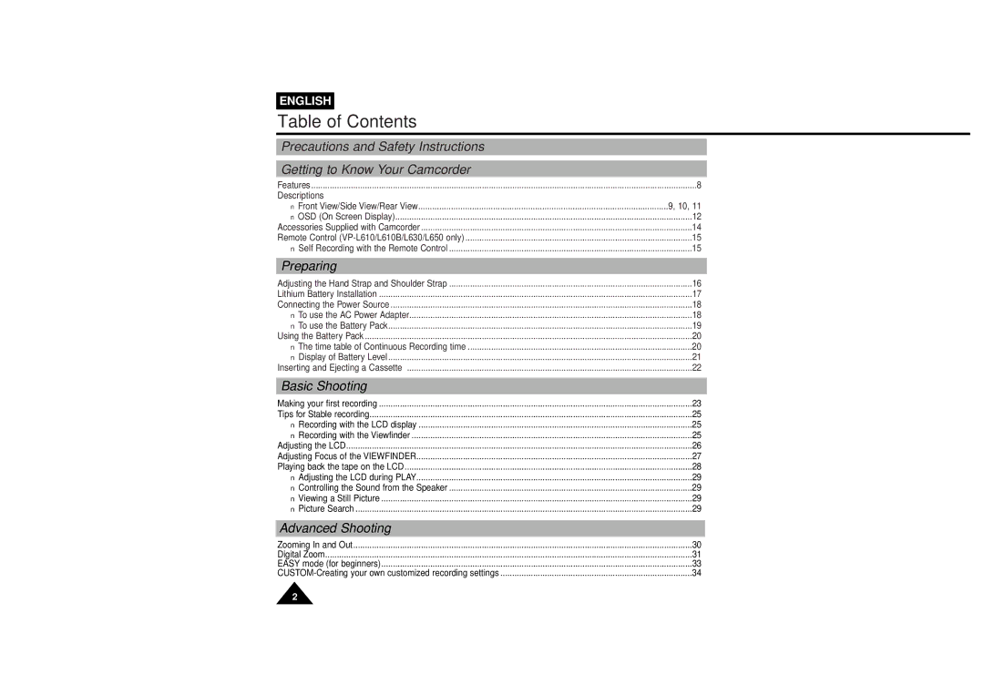 Samsung VP-L610B, VP-L600B manual Table of Contents 