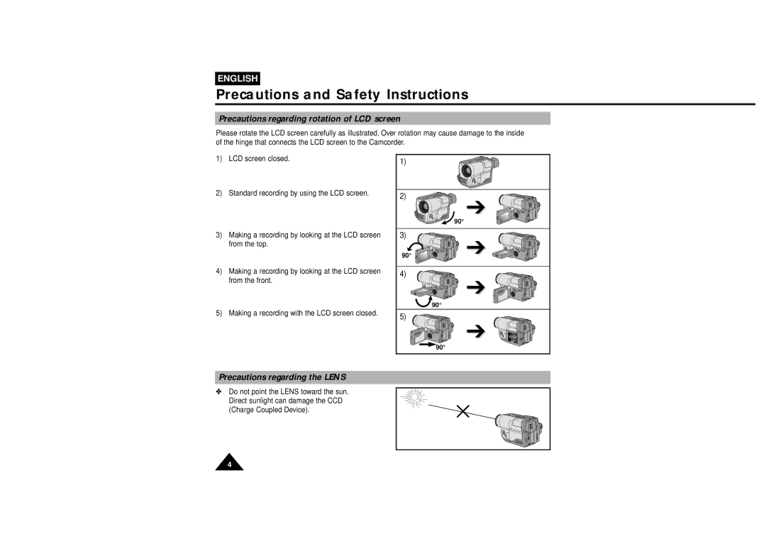 Samsung VP-L610B, VP-L600B manual Precautions and Safety Instructions, Precautions regarding rotation of LCD screen 