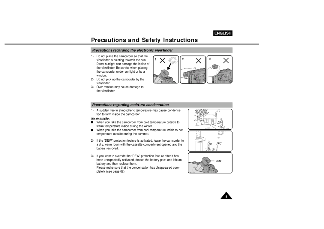 Samsung VP-L600B, VP-L610B Precautions regarding the electronic viewfinder, Precautions regarding moisture condensation 