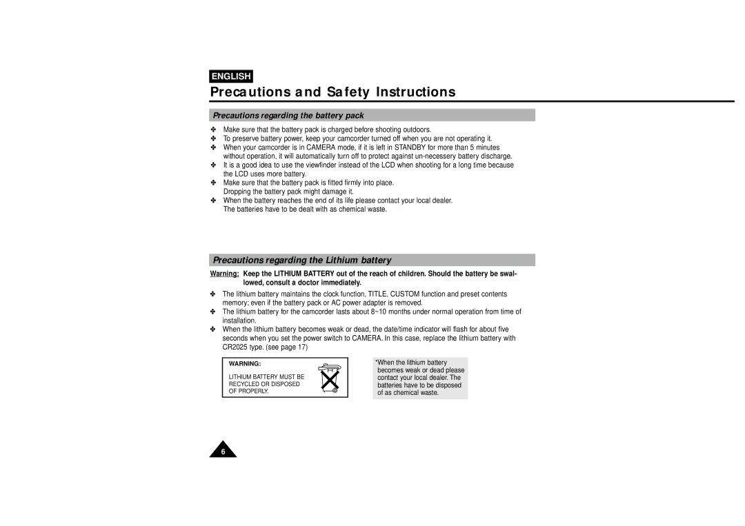 Samsung VP-L610B, VP-L600B manual Precautions regarding the Lithium battery, Precautions regarding the battery pack 