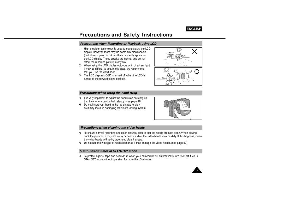 Samsung VP-L600B, VP-L610B manual Precautions when Recording or Playback using LCD, Precautions when using the hand strap 