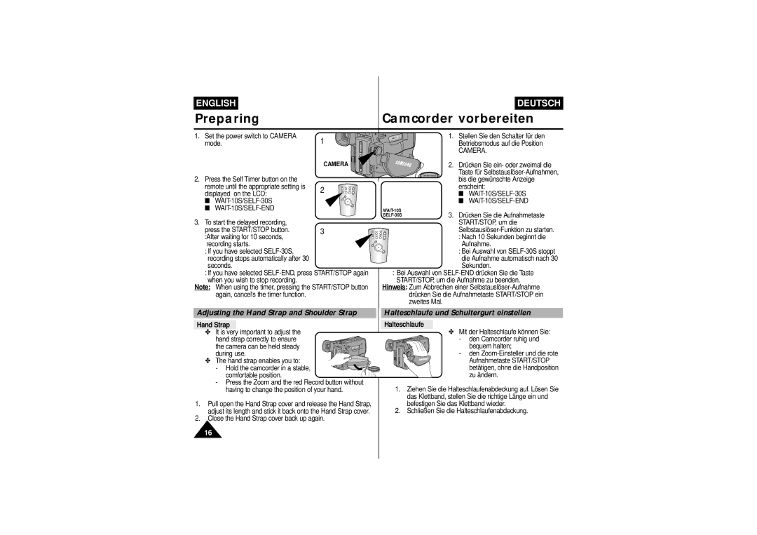 Samsung VP-L770, VP-L750D, VP L 710, VP L 700, VP L 750 manual Camera, WAIT-10S/SELF-END, Hand Strap Halteschlaufe 