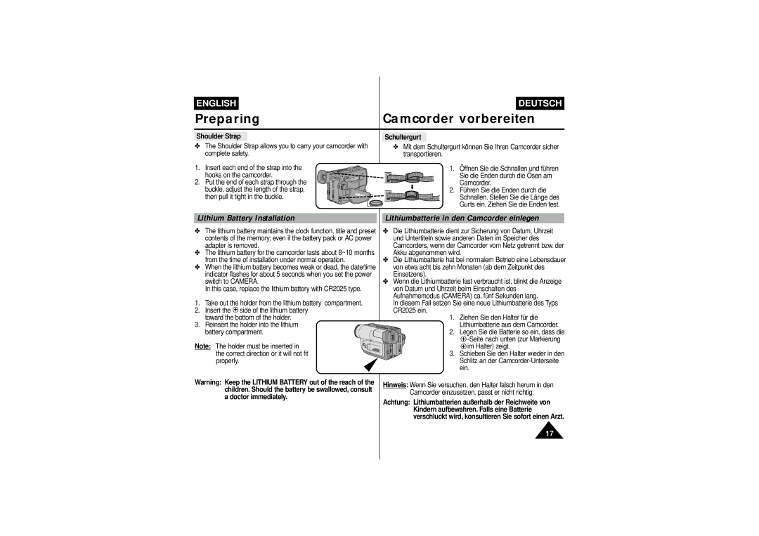 Samsung VP L 710, VP-L750D manual Shoulder Strap Schultergurt, Doctor immediately, Kindern aufbewahren. Falls eine Batterie 