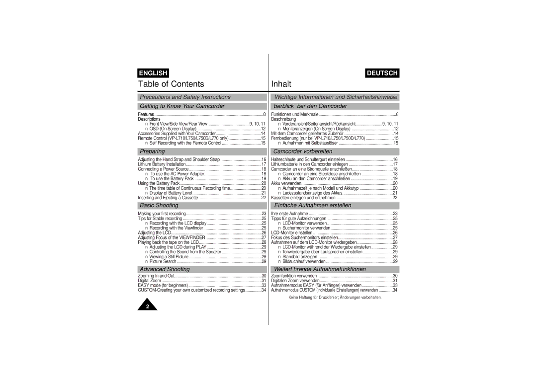 Samsung VP L 710, VP-L750D, VP-L770, VP L 700, VP L 750 manual Table of Contents Inhalt 