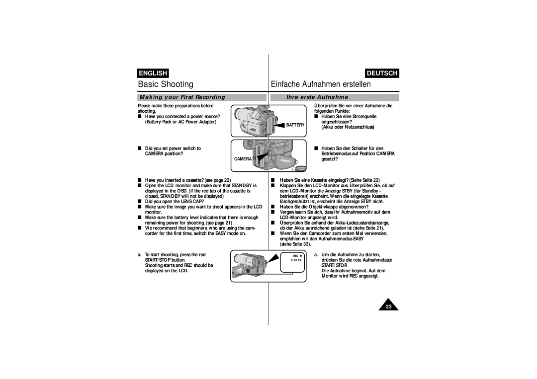 Samsung VP L 700, VP-L750D, VP-L770, VP L 710, VP L 750 manual Making your First Recording Ihre erste Aufnahme, Start/Stop 