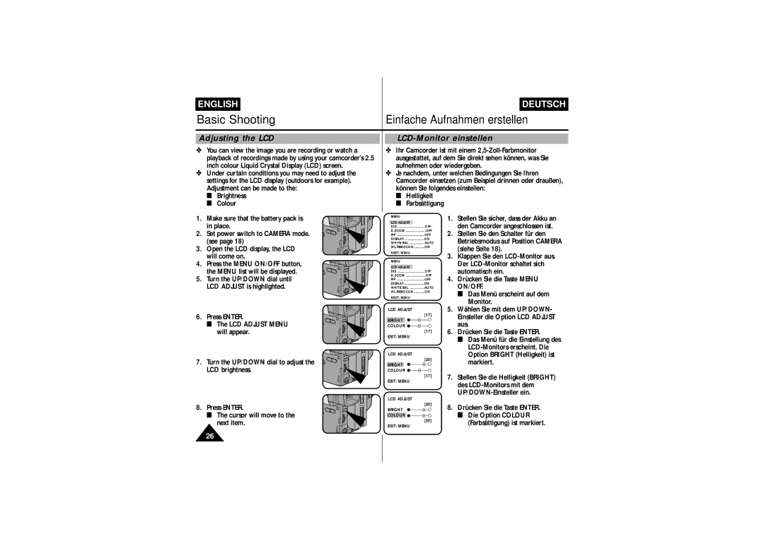 Samsung VP-L770, VP-L750D, VP L 710, VP L 700, VP L 750 manual Adjusting the LCD LCD-Monitor einstellen, On/Off 