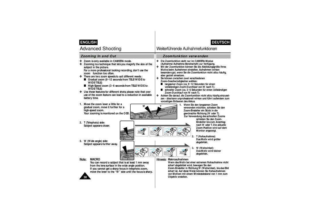 Samsung VP-L750D, VP-L770, VP L 710, VP L 700, VP L 750 manual Zooming In and Out, Zoomfunktion verwenden, Wide/Tele 