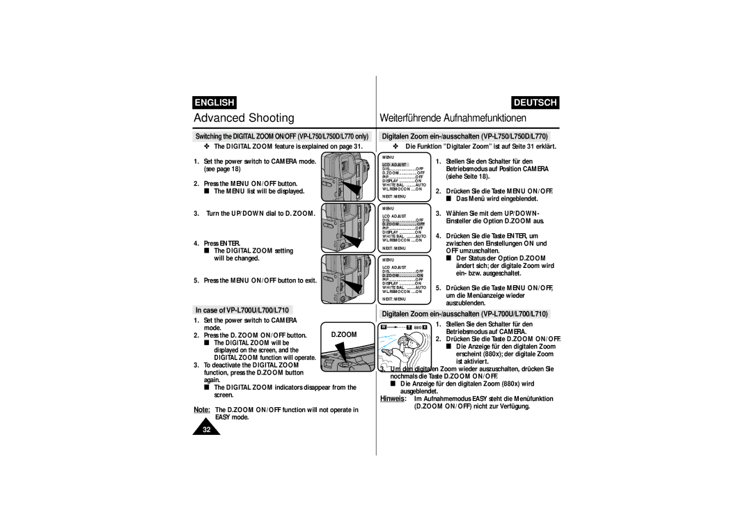 Samsung VP L 710, VP-L750D, VP-L770, VP L 700, VP L 750 manual Digitalen Zoom ein-/ausschalten VP-L750/L750D/L770 