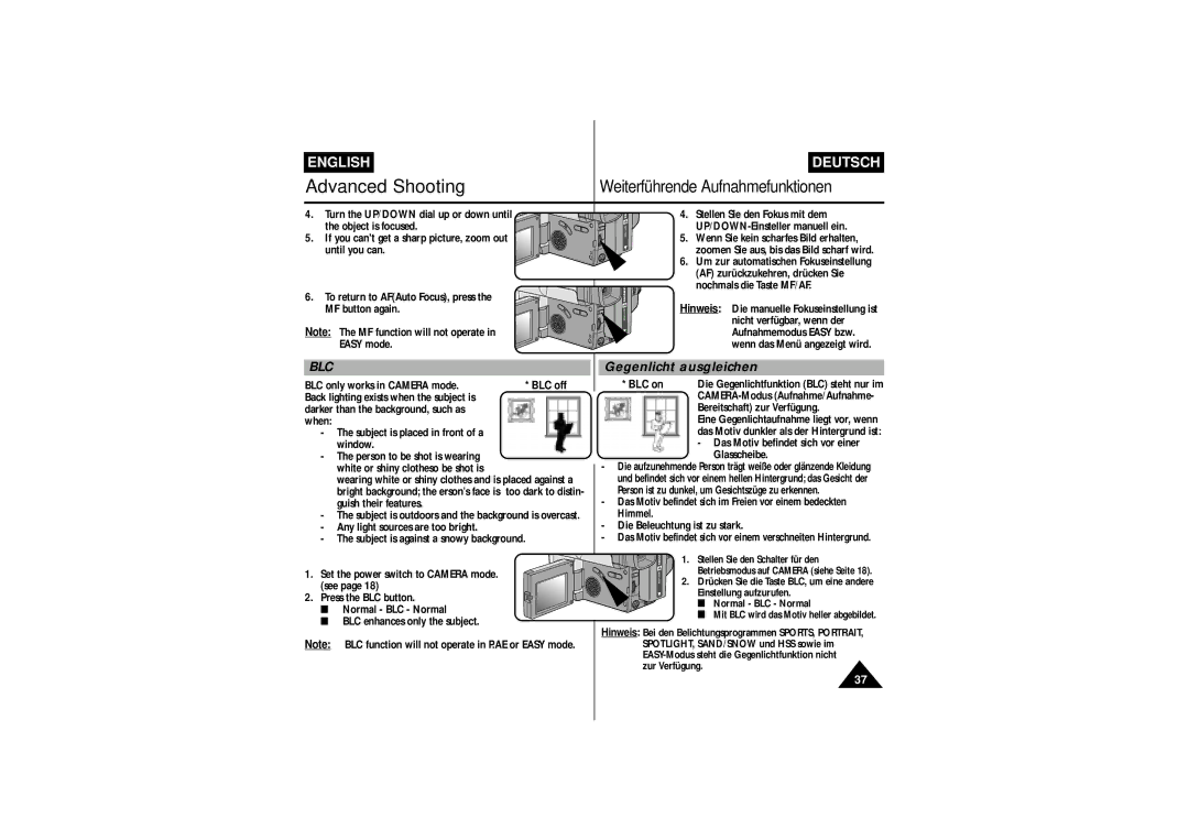 Samsung VP L 710, VP-L750D, VP-L770, VP L 700, VP L 750 manual Gegenlicht ausgleichen, BLC on 