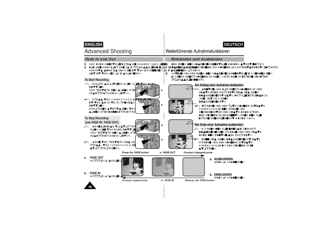 Samsung VP-L770, VP-L750D, VP L 710, VP L 700, VP L 750 manual Fade In and Out Einblenden und Ausblenden, Fade OUT 