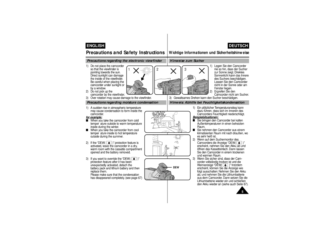 Samsung VP-L750D, VP-L770 manual Precautions regarding moisture condensation, Hinweis Abhilfe bei Feuchtigkeitskondensation 