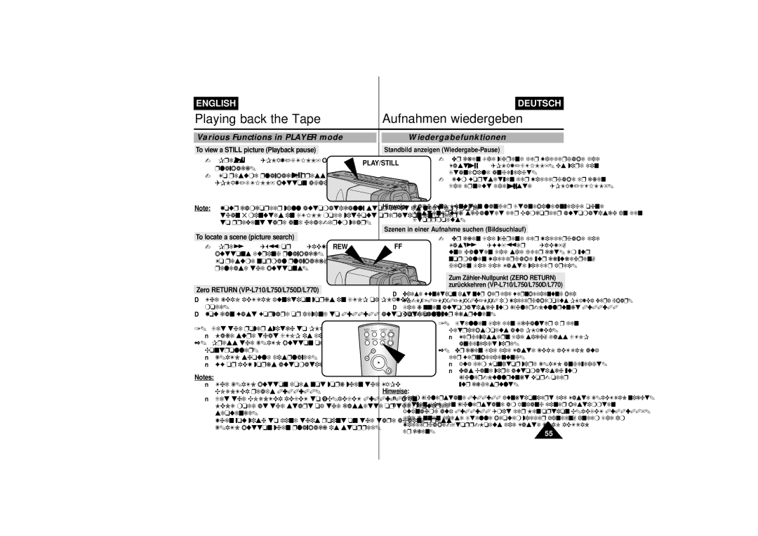 Samsung VP-L750D manual Wiedergabefunktionen, Various Functions in Player mode, To view a Still picture Playback pause, Rew 