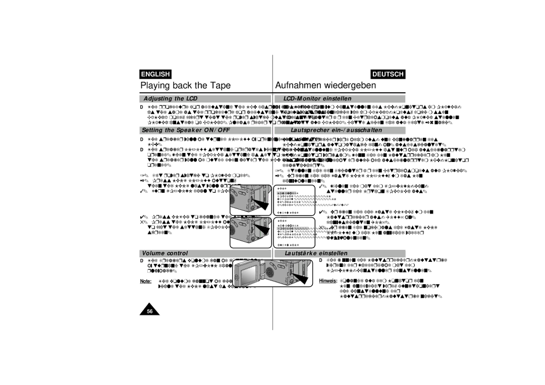 Samsung VP-L770 manual Setting the Speaker ON/OFF Lautsprecher ein-/ausschalten, Volume control, Lautstärke einstellen, Lcd 