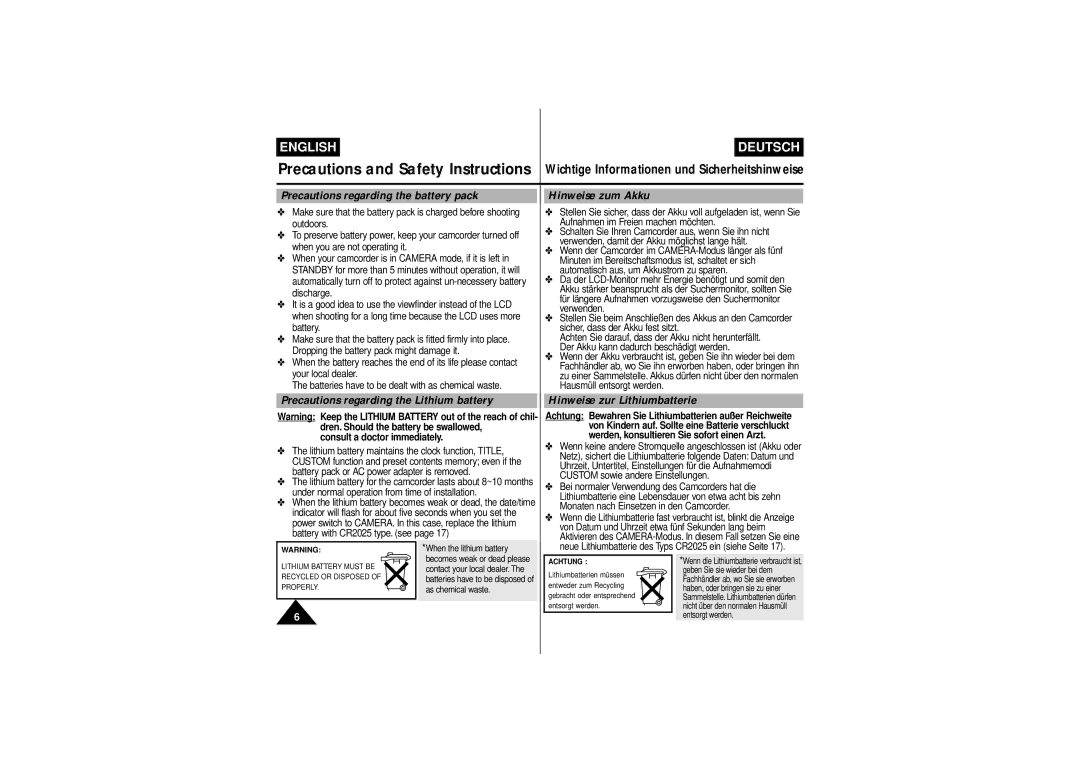 Samsung VP-L770, VP-L750D Precautions regarding the battery pack Hinweise zum Akku, Dren. Should the battery be swallowed 