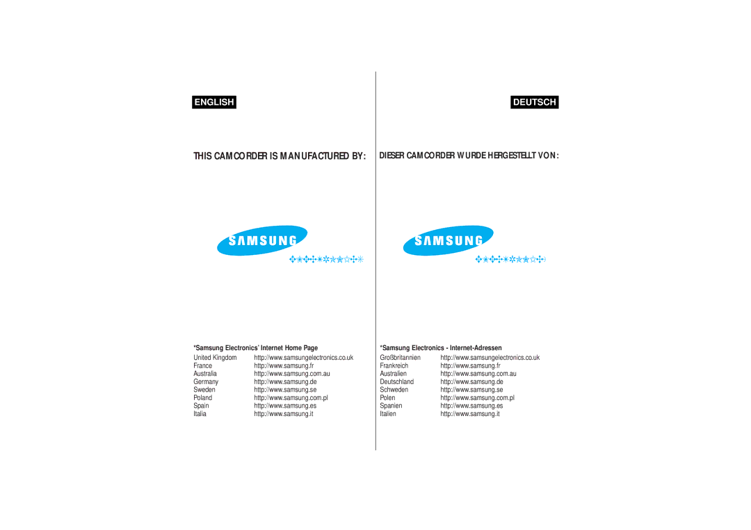 Samsung VP-L770, VP-L750D, VP L 710, VP L 700 manual Samsung Electronics’ Internet Home, Samsung Electronics Internet-Adressen 