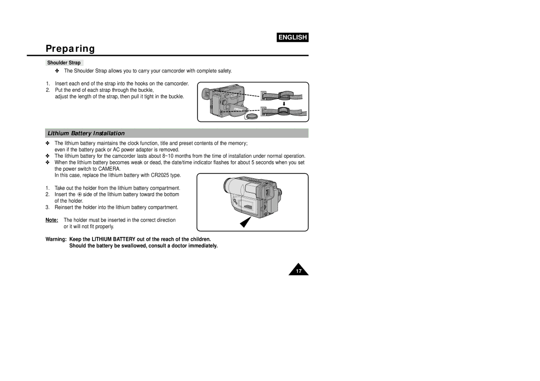 Samsung VP-L800U, VP-L850D, VP-L870 manual Lithium Battery Installation, Shoulder Strap 