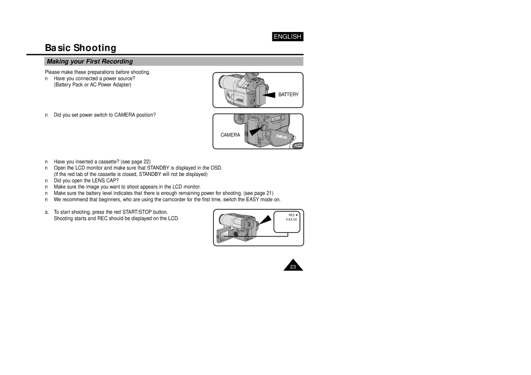 Samsung VP-L870, VP-L800U, VP-L850D manual Basic Shooting, Making your First Recording, Battery 