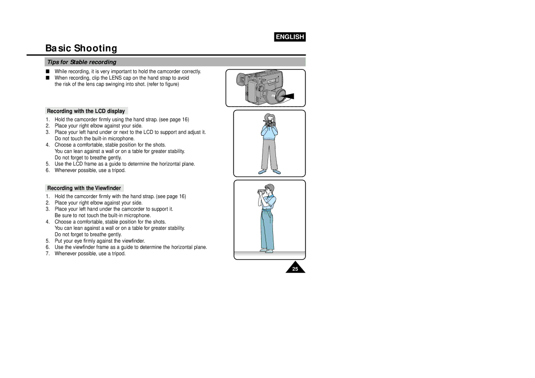 Samsung VP-L800U, VP-L850D manual Tips for Stable recording, Recording with the LCD display, Recording with the Viewfinder 