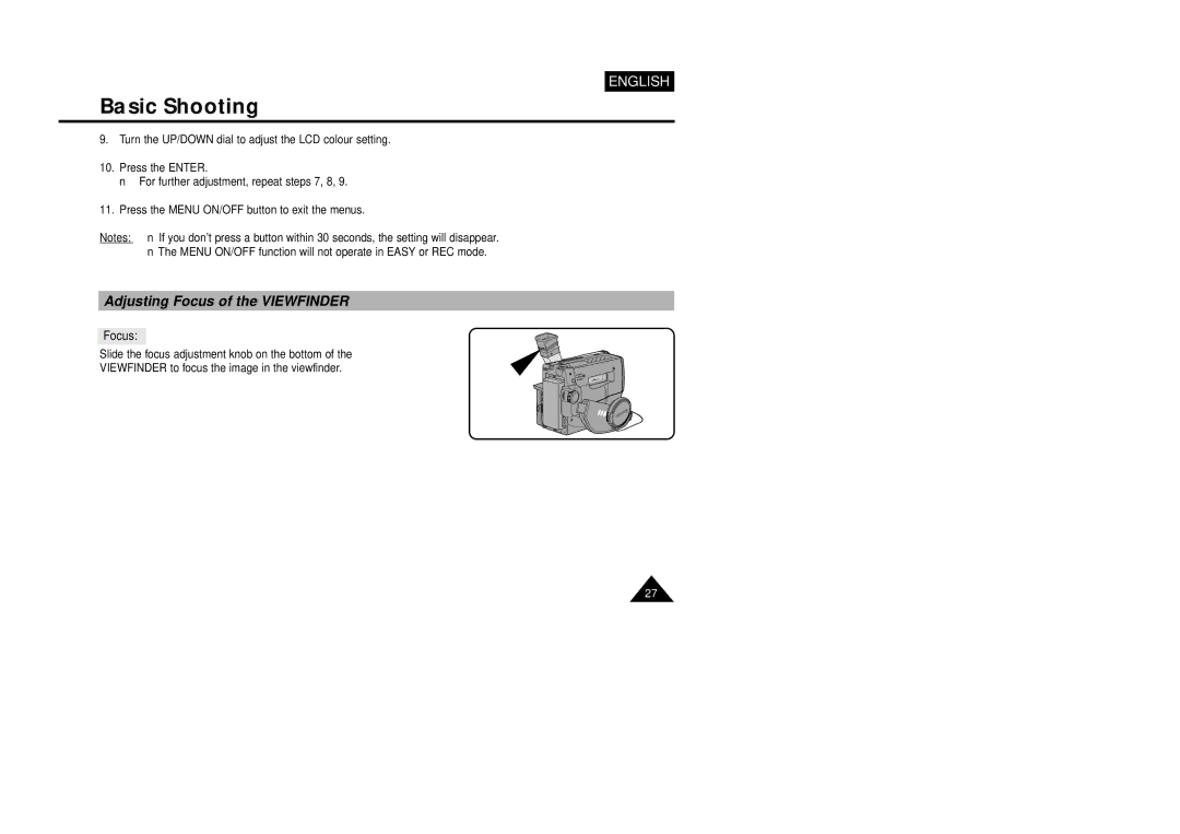 Samsung VP-L800U, VP-L850D, VP-L870 manual Adjusting Focus of the Viewfinder 