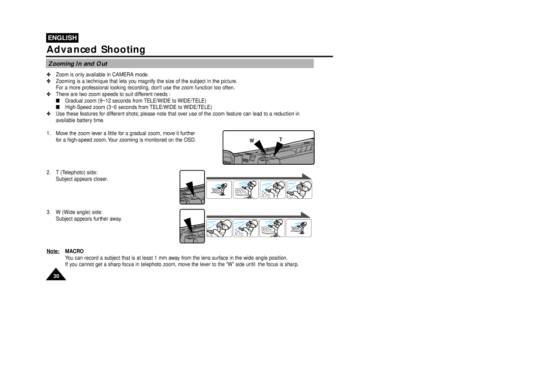 Samsung VP-L800U, VP-L850D, VP-L870 manual Advanced Shooting, Zooming In and Out 