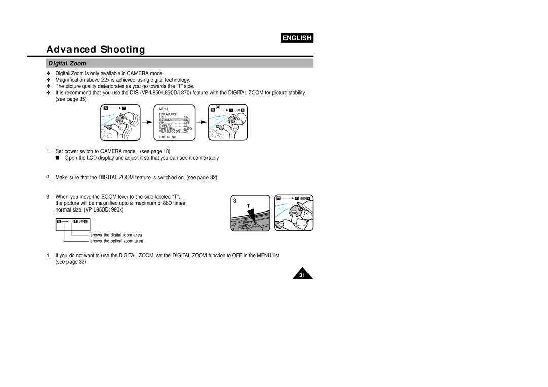 Samsung VP-L850D, VP-L800U, VP-L870 manual Digital Zoom 