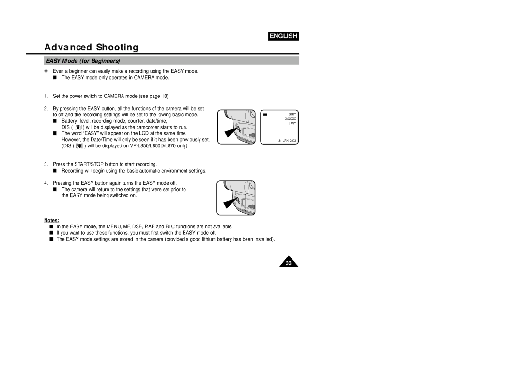 Samsung VP-L870, VP-L800U, VP-L850D manual Easy Mode for Beginners 