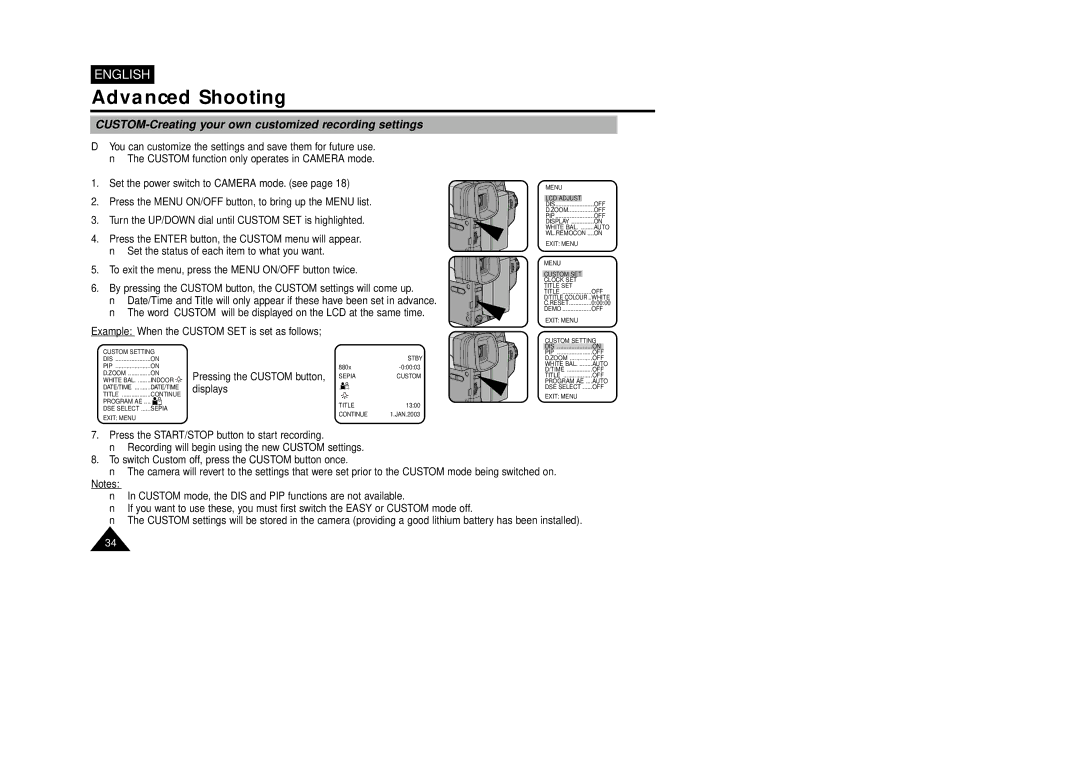 Samsung VP-L850 CUSTOM-Creating your own customized recording settings, Example When the Custom SET is set as follows 