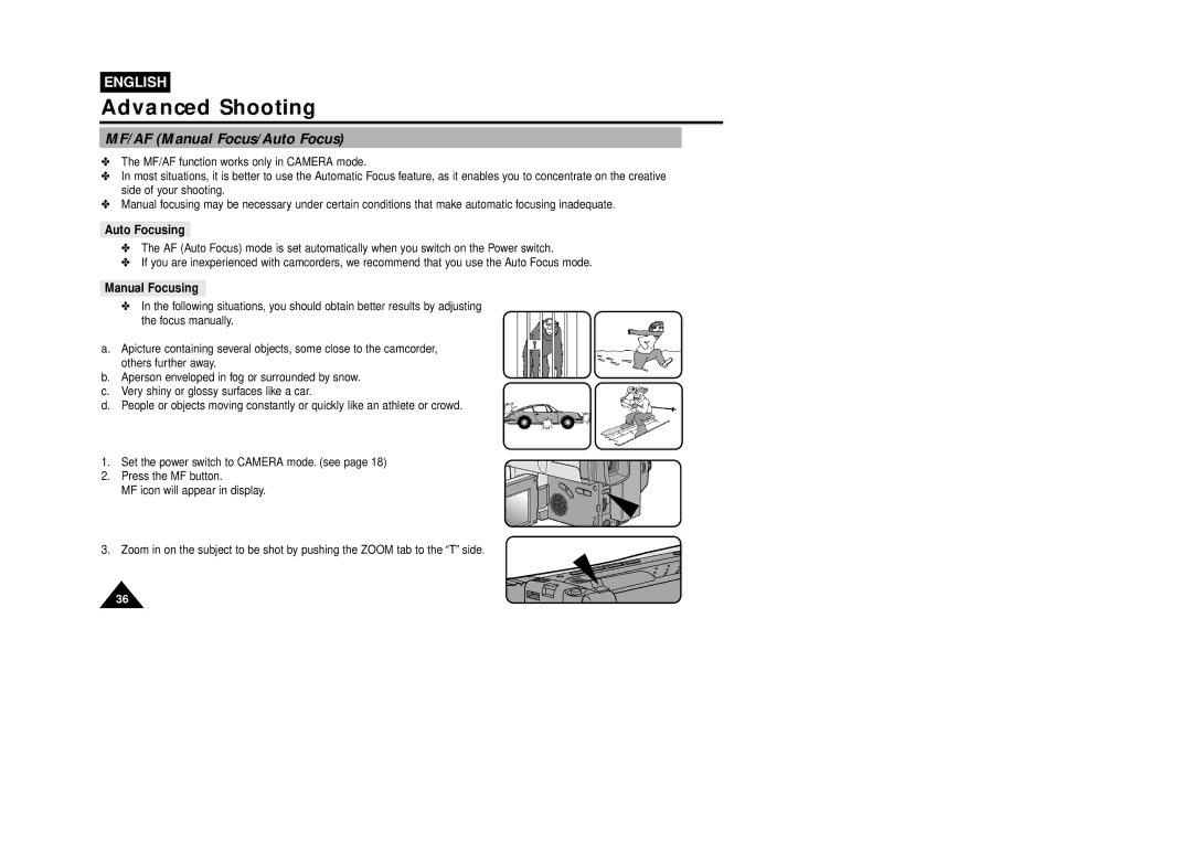 Samsung VP-L850D, VP-L800U, VP-L870 manual Auto Focusing, Manual Focusing 